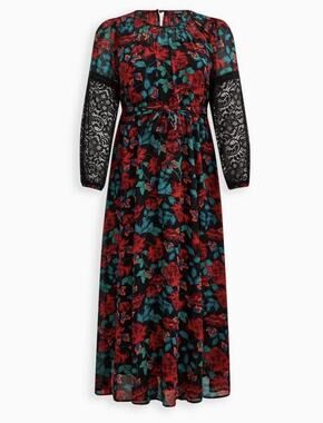 Torrid Chiffon Maxi Peasant Lace Sleeve Floral Dress Black Size 0 #E98073
